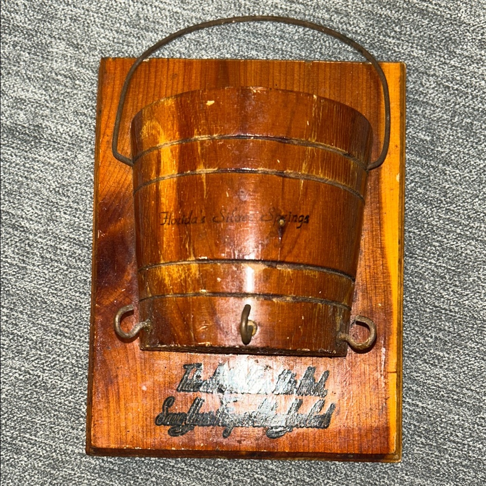 Rustic Wooden Wall Bucket with Hook Accents - Warm Brown